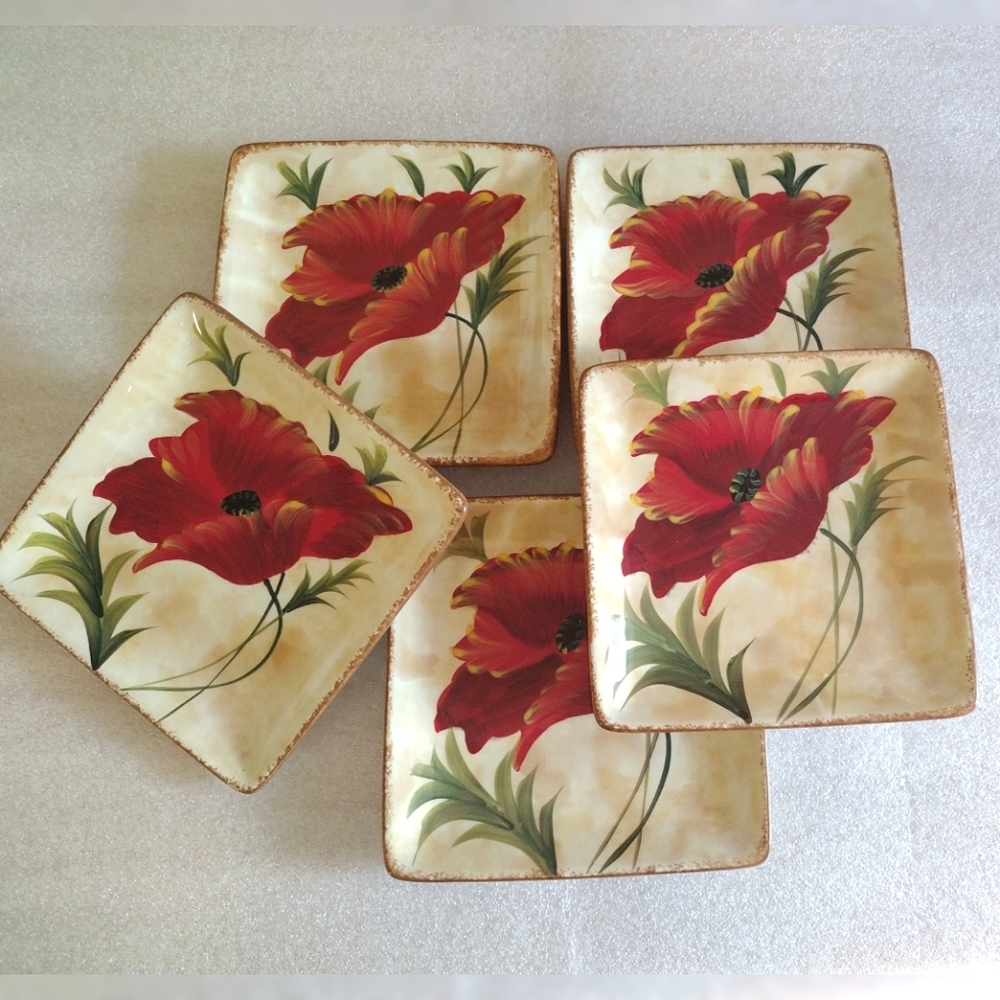 5-Piece Pier 1 Hand Painted Poppies Eartheneware Square Salad Appetizer Plates
